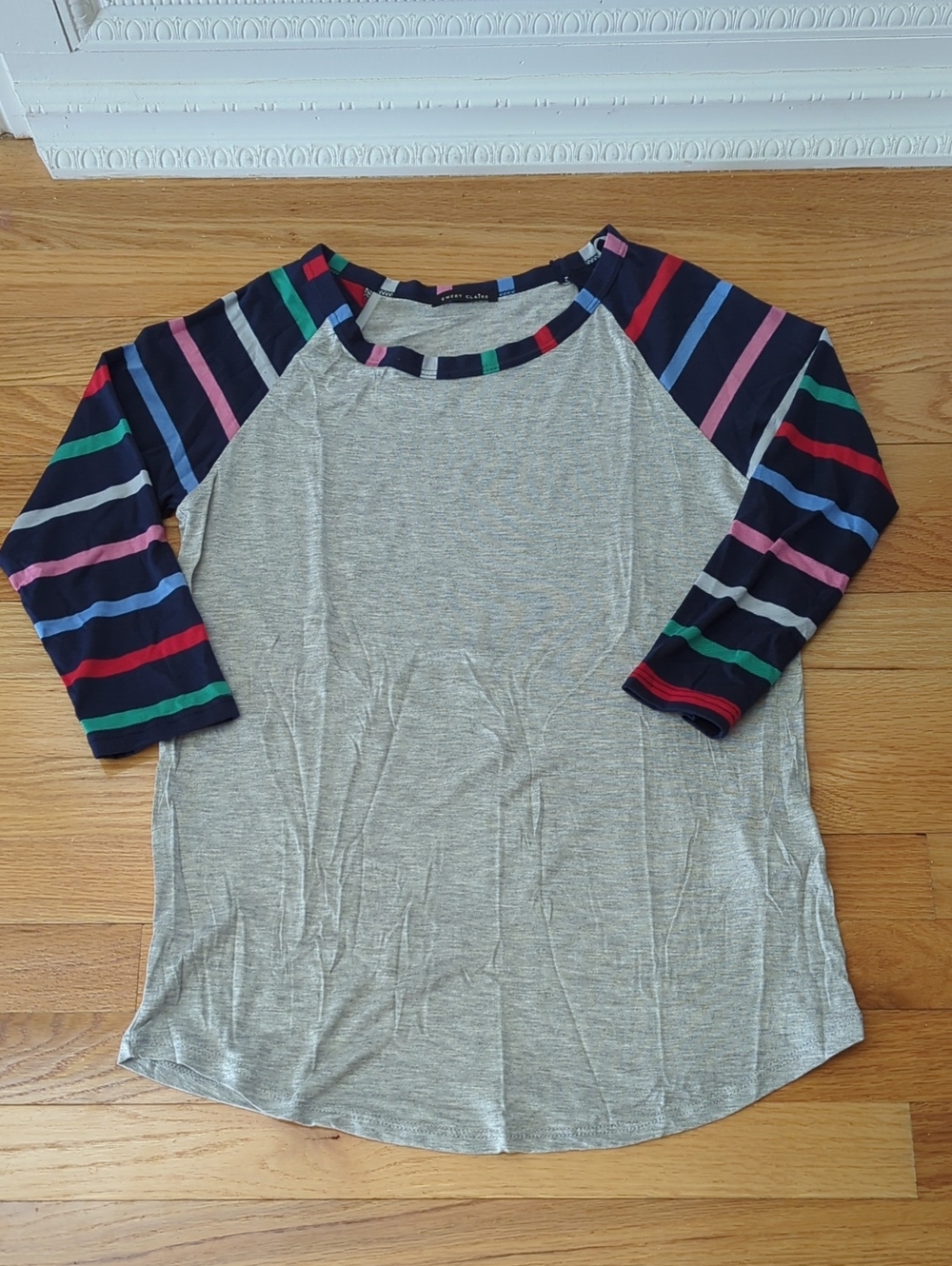 Sweet Claire Gray Tee with Multicolor Stripe Sleeves